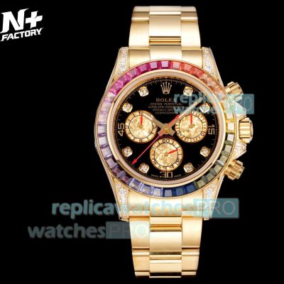 N+ Factory Swiss Rolex Daytona Rainbow Diamonds Yellow Gold Asia 7750 Replica Watch 